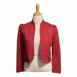 Vintage Eber Quilted Cropped Jacket Red Leaf Print Puff Sleeve Y2K Indie Size L